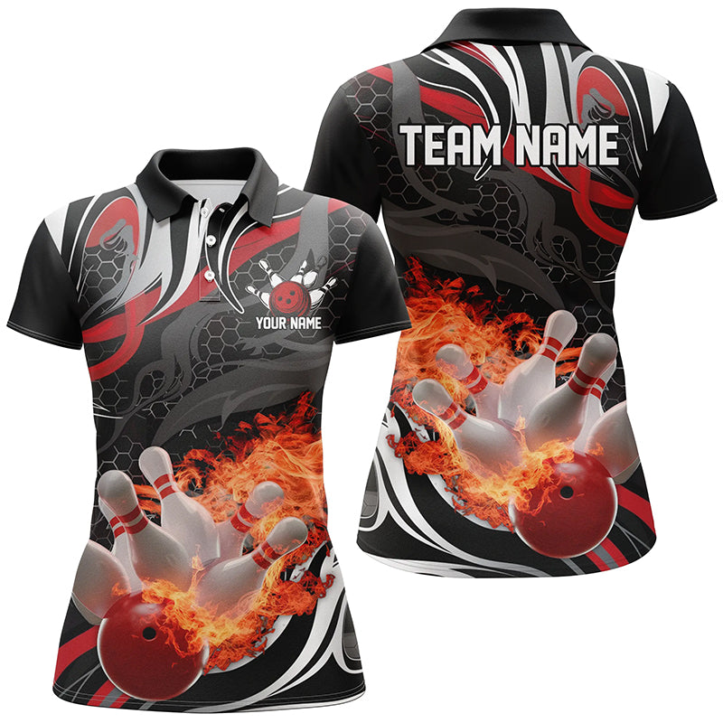 Red And Black Custom Flame Bowling Shirts For Women, Ladies Bowling Team Polo Shirts IPHW6769