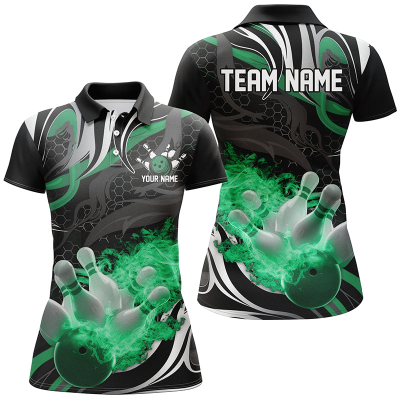 Green And Black Custom Flame Bowling Shirts For Women, Ladies Bowling Team Polo Shirts IPHW6770