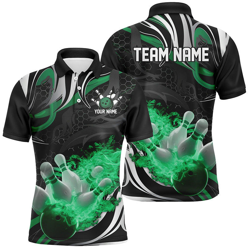 Green And Black Custom Flame Bowling Shirts For Men, Personalized Bowling Team Polo Shirts IPHW6770