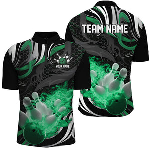 Green And Black Custom Flame Bowling Shirts For Men, Personalized Bowling Team Quarter Zip Shirts IPHW6770