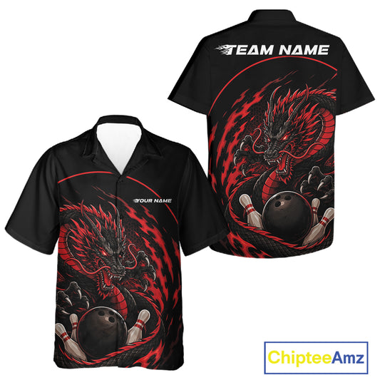Front and back views of a red custom bowling button-up shirt featuring an aggressive dragon with flames in a dynamic and energetic design.