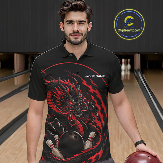 Front view of a male model in a bowling alley wearing a red custom bowling polo shirt featuring an aggressive dragon with flames in a dynamic and energetic design.
