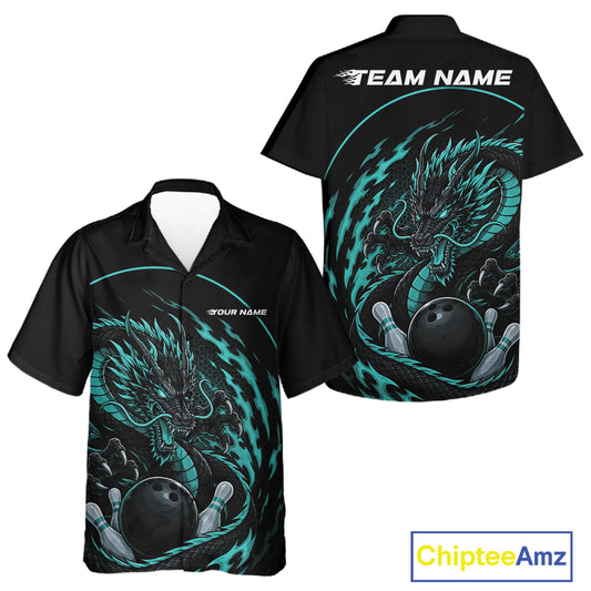 Front and back views of a blue custom bowling button-up shirt featuring an aggressive dragon with flames in a dynamic and energetic design.