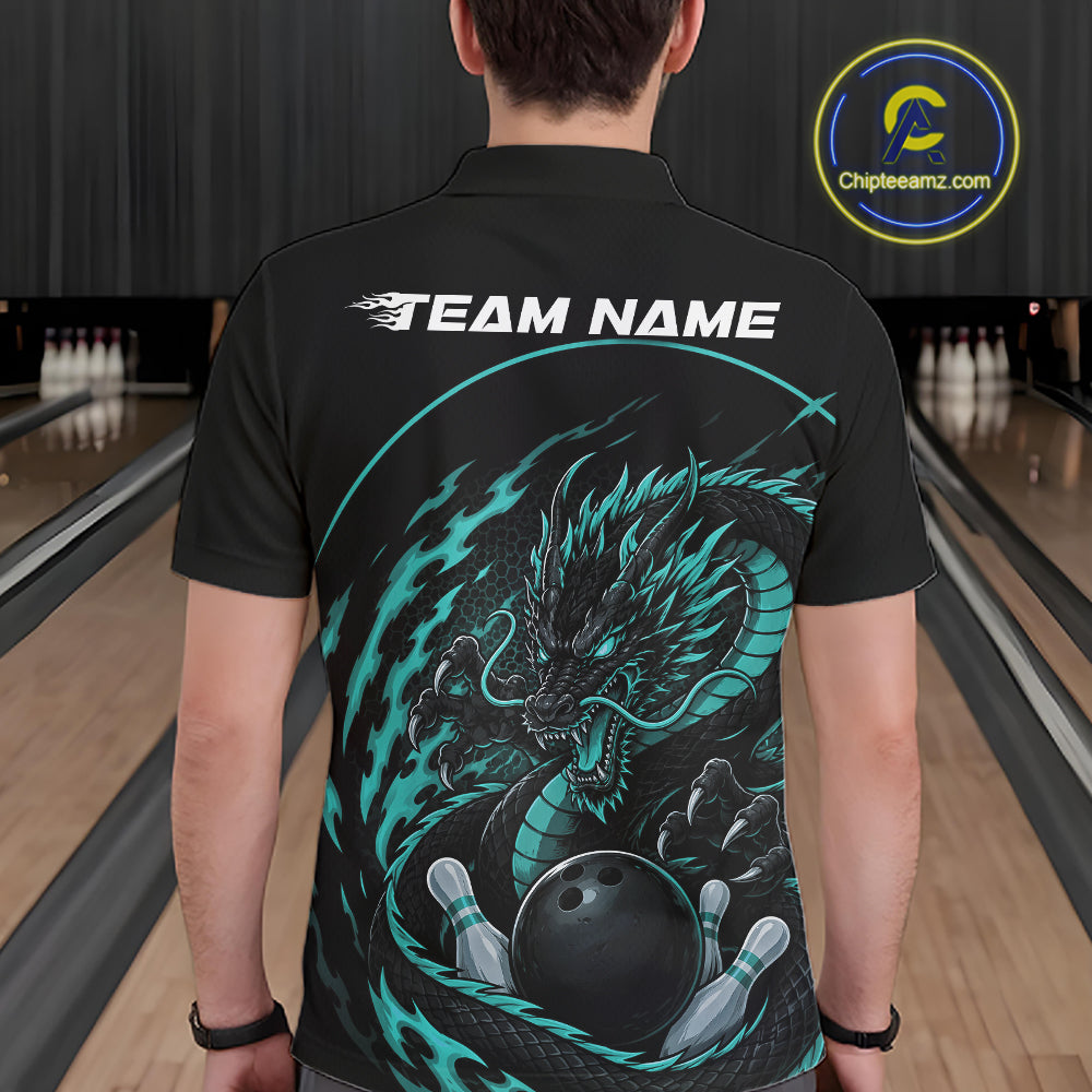 Back view of a male model in a bowling alley wearing a blue custom bowling polo shirt featuring an aggressive dragon with flames in a dynamic and energetic design.