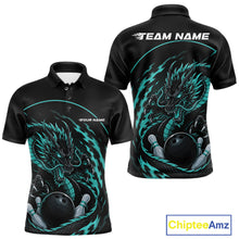 Load image into Gallery viewer, Front and back views of a blue custom men's bowling polo shirt featuring an aggressive dragon with flames in a dynamic and energetic design.