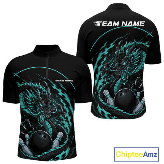 Front and back views of a blue custom quarter-zip bowling shirt featuring an aggressive dragon with flames in a dynamic and energetic design.