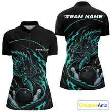 Load image into Gallery viewer, Front and back views of a blue custom women's quarter-zip bowling shirt featuring an aggressive dragon with flames in a dynamic and energetic design.