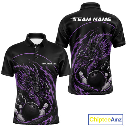 Front and back views of a purple custom men's bowling polo shirt featuring an aggressive dragon with flames in a dynamic and energetic design.