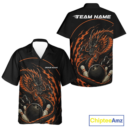 Front and back views of an orange custom bowling button-up shirt featuring an aggressive dragon with flames in a dynamic and energetic design.