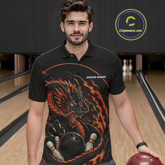 Front view of a male model in a bowling alley wearing an orange custom bowling polo shirt featuring an aggressive dragon with flames in a dynamic and energetic design.