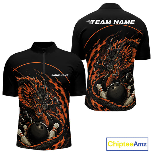Front and back views of an orange custom quarter-zip bowling shirt featuring an aggressive dragon with flames in a dynamic and energetic design.