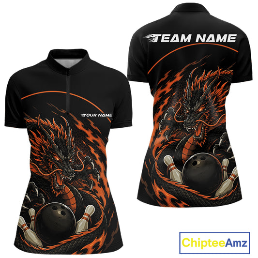 Front and back views of an orange custom women's quarter-zip bowling shirt featuring an aggressive dragon with flames in a dynamic and energetic design.