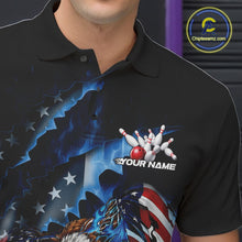 Load image into Gallery viewer, Close up left chest view of a bowling polo shirt with bald eagle gripping a blue bowling ball, flying pins, and American flag background.