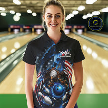Load image into Gallery viewer, Front view female model at the bowling lane wearing a bowling polo shirt with bald eagle artwork, blue bowling ball, flying pins, and American flag background.