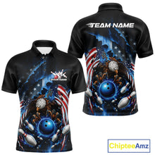 Load image into Gallery viewer, Front and back men’s bowling polo shirt mockup featuring bald eagle gripping a blue bowling ball, flying pins, and an American flag background.