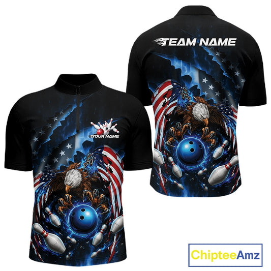 Front and back men’s bowling quarter zip shirt mockup featuring a bald eagle, blue bowling ball, flying pins, and American flag artwork.