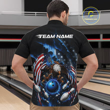Load image into Gallery viewer, Front view of a male model in a bowling lane wearing a quarter zip shirt with bald eagle artwork, blue bowling ball, flying pins, and American flag background.
