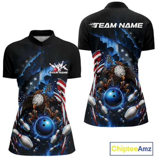 Front and back women’s bowling quarter zip mockup featuring a bald eagle, blue bowling ball, flying pins, and American flag artwork.