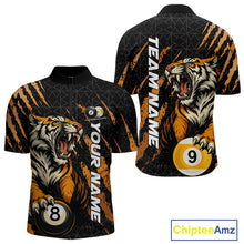 Load image into Gallery viewer, Front and back men’s Billiard quarter zip shirt mockup featuring a roaring tiger emerging through orange claw marks while gripping billiard balls.