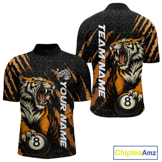 Men’s Billiard quarter zip shirt mockup shown front and back with roaring tiger artwork, orange claw marks, and billiard ball graphics.