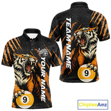 Load image into Gallery viewer, Front and back Billiard men’s polo shirt mockup featuring a roaring tiger gripping billiard balls through orange claw mark artwork.