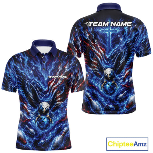 Front and back men’s bowling polo shirt mockup with eagle artwork around a bowling ball, flowing flag elements, and bowling pins.
