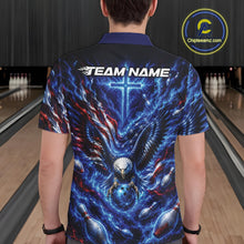 Load image into Gallery viewer, Male model back view in a bowling lane wearing a bowling polo shirt with eagle artwork around a bowling ball, flag elements, and pins.