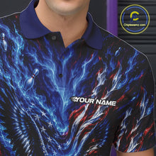 Load image into Gallery viewer, Close up of the left chest on a bowling polo shirt featuring eagle artwork, a bowling ball, flowing flag elements, and bowling pins.