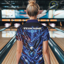 Load image into Gallery viewer, Back view of a female model at the bowling lane wearing a polo shirt with eagle artwork around a bowling ball, flag elements, and pins.