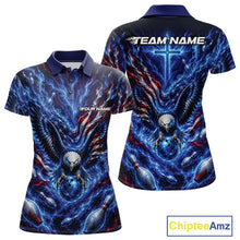 Load image into Gallery viewer, Women’s polo shirt mockup shown front and back with an eagle surrounding a bowling ball, flowing flag elements, and bowling pins.