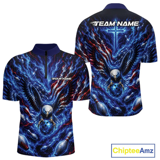 Front and back men’s bowling quarter zip shirt mockup featuring an eagle surrounding a bowling ball with flowing flag elements and pins.
