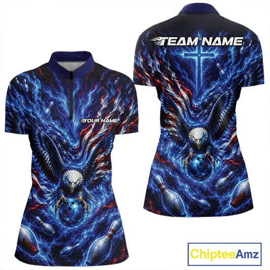 Front and back women’s bowling quarter zip mockup featuring an eagle surrounding a bowling ball with flowing flag elements and pins.