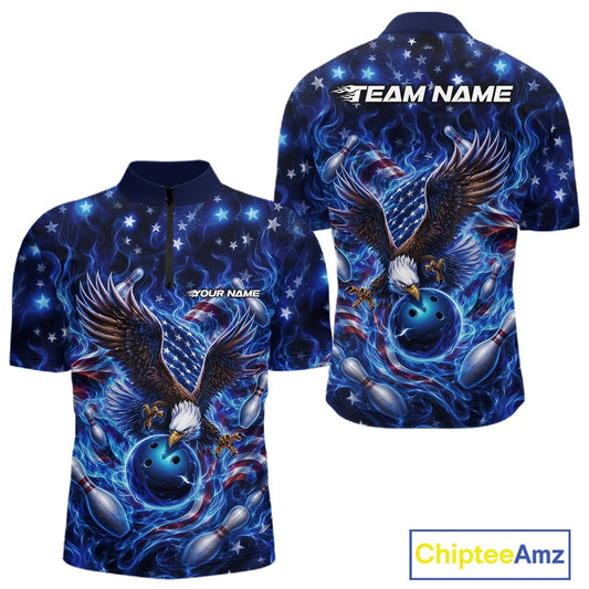 Front and back men’s bowling quarter zip shirt mockup with an eagle reaching toward a bowling ball, framed by flag elements, pins, and blue flames.