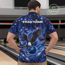 Load image into Gallery viewer, Male model front view at the bowling lane wearing a bowling quarter zip shirt with an eagle reaching toward a bowling ball and blue flames.