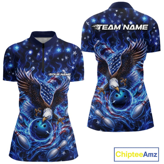 Front and back women’s bowling quarter zip mockup with an eagle reaching toward a bowling ball, framed by flag elements, pins, and blue flames.