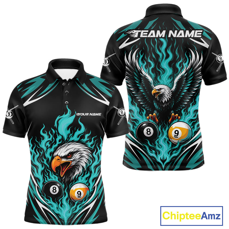 Custom Turquoise Blue Flame Eagle 8 Ball And 9 Ball Billiards Jersey Polo Shirt For Men IPHW11773