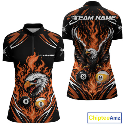 Custom Orange Flame Eagle 8 Ball And 9 Ball Billiards Jersey Quarter-Zip Shirt For Women IPHW11774