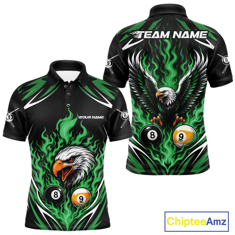 Custom Green Flame Eagle 8 Ball And 9 Ball Billiards Jersey Polo Shirt For Men IPHW11775
