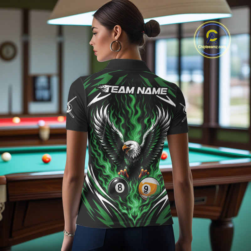 Custom Green Flame Eagle 8 Ball And 9 Ball Billiards Jersey Polo Shirt For Women IPHW11775