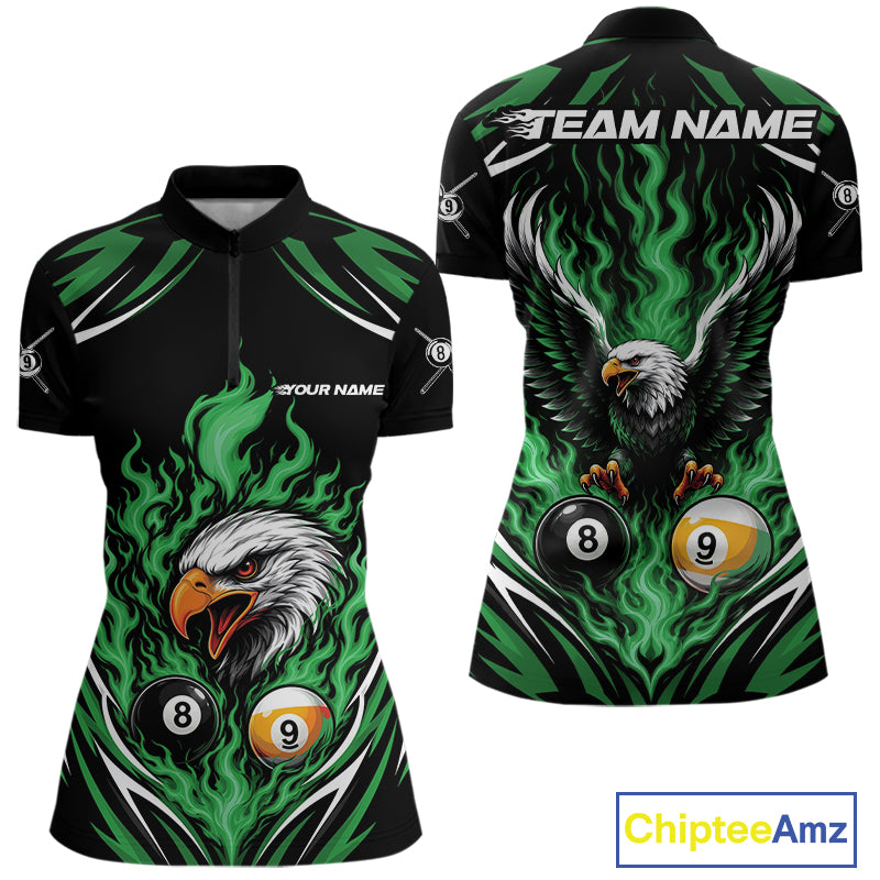 Custom Green Flame Eagle 8 Ball And 9 Ball Billiards Jersey Quarter-Zip Shirt For Women IPHW11775