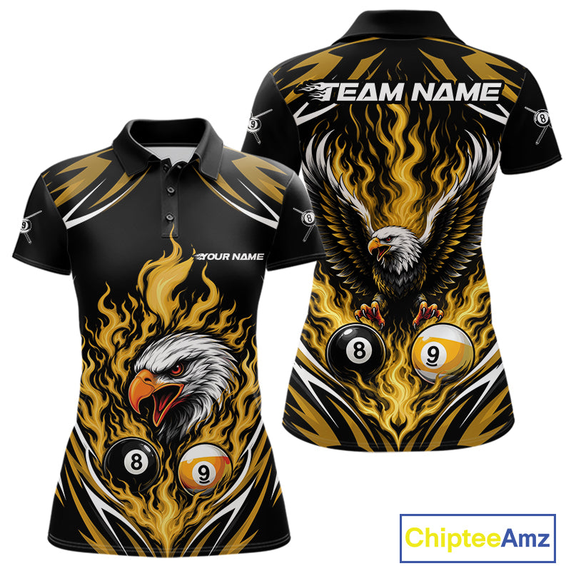 Custom Yellow Flame Eagle 8 Ball And 9 Ball Billiards Jersey Polo Shirt For Women IPHW11776