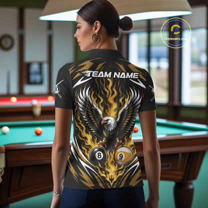 Custom Yellow Flame Eagle 8 Ball And 9 Ball Billiards Jersey Polo Shirt For Women IPHW11776