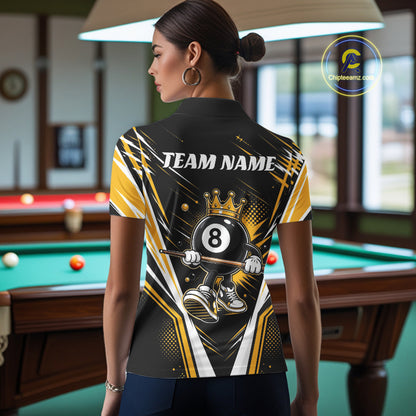 Custom Funny 8 Ball Wearing Crown Billiards Queen Women Polo Shirt, Yellow Pool Team Jerseys IPHW11789