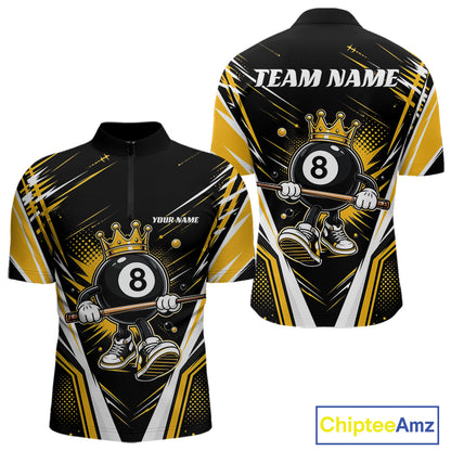 Custom Funny 8 Ball Wearing Crown Billiards King Men Quarter Zip Shirt, Yellow Pool Team Jerseys IPHW11789