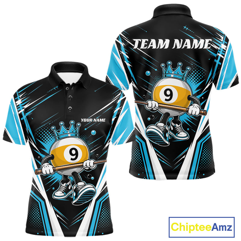 Custom Funny 9 Ball Wearing Crown Billiards King Men Polo Shirt, Blue Pool Team Jerseys IPHW11795