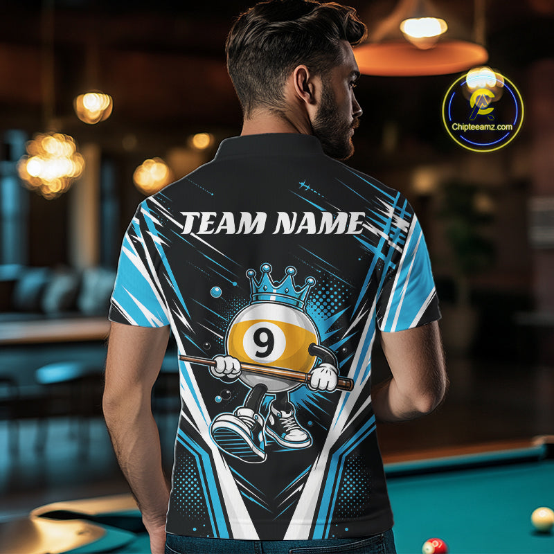 Custom Funny 9 Ball Wearing Crown Billiards King Men Polo Shirt, Blue Pool Team Jerseys IPHW11795