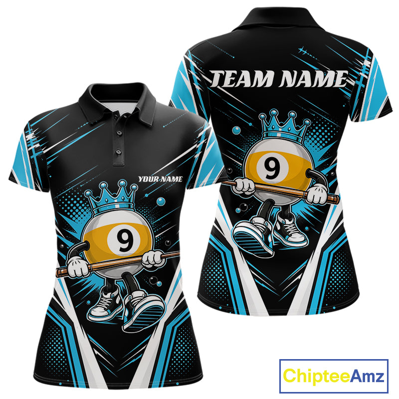 Custom Funny 9 Ball Wearing Crown Billiards Queen Women Polo Shirt, Blue Pool Team Jerseys IPHW11795