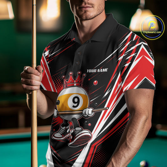 Custom Funny 9 Ball Wearing Crown Billiards King Men Polo Shirt, Red Pool Team Jerseys IPHW11796
