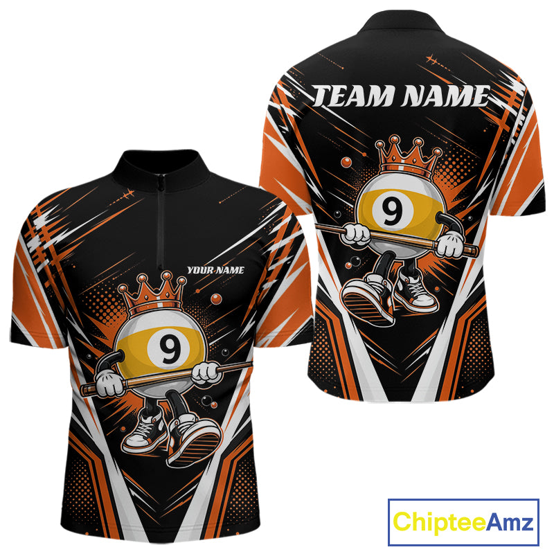 Custom Funny 9 Ball Wearing Crown Billiards King Men Quarter Zip Shirt, Orange Pool Team Jerseys IPHW11797