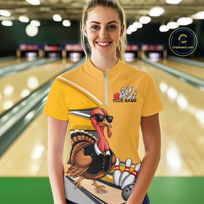 Custom Yellow Funny Turkey Bowling Team Shirts For Women, Thanksgiving Bowler Outfits IPHW7885